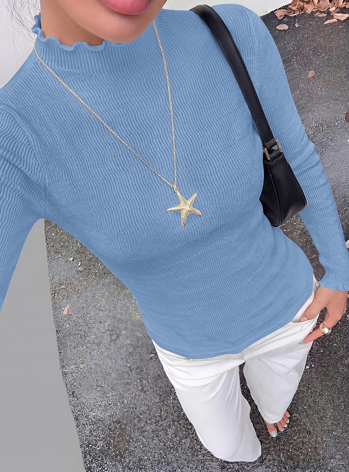 image:imageBTFBM Long Sleeve T Shirts for Women Ruffle Mock Neck Tops Lettuce Trim TopRibbed Knit Dressy BlouseSlim Fitted SweaterThermal Basic TeesBusiness Casual OutfitsFall Layer ClothingLight Blue