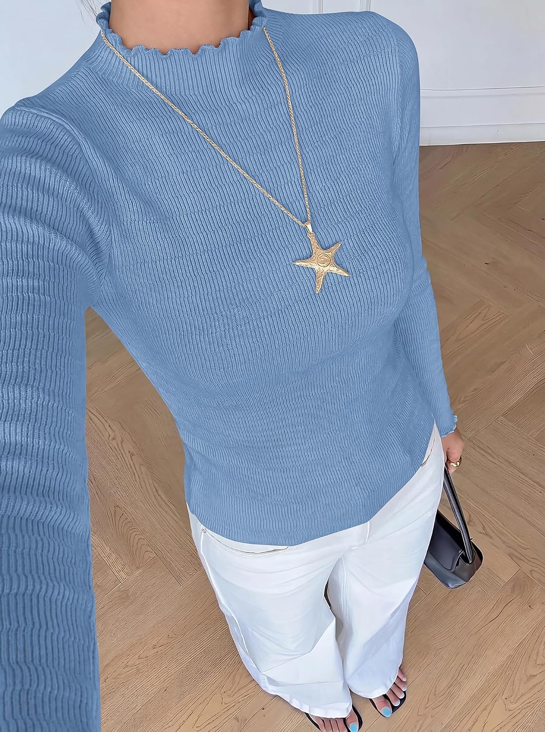 image:imageBTFBM Long Sleeve T Shirts for Women Ruffle Mock Neck Tops Lettuce Trim TopRibbed Knit Dressy BlouseSlim Fitted SweaterThermal Basic TeesBusiness Casual OutfitsFall Layer ClothingLight Blue
