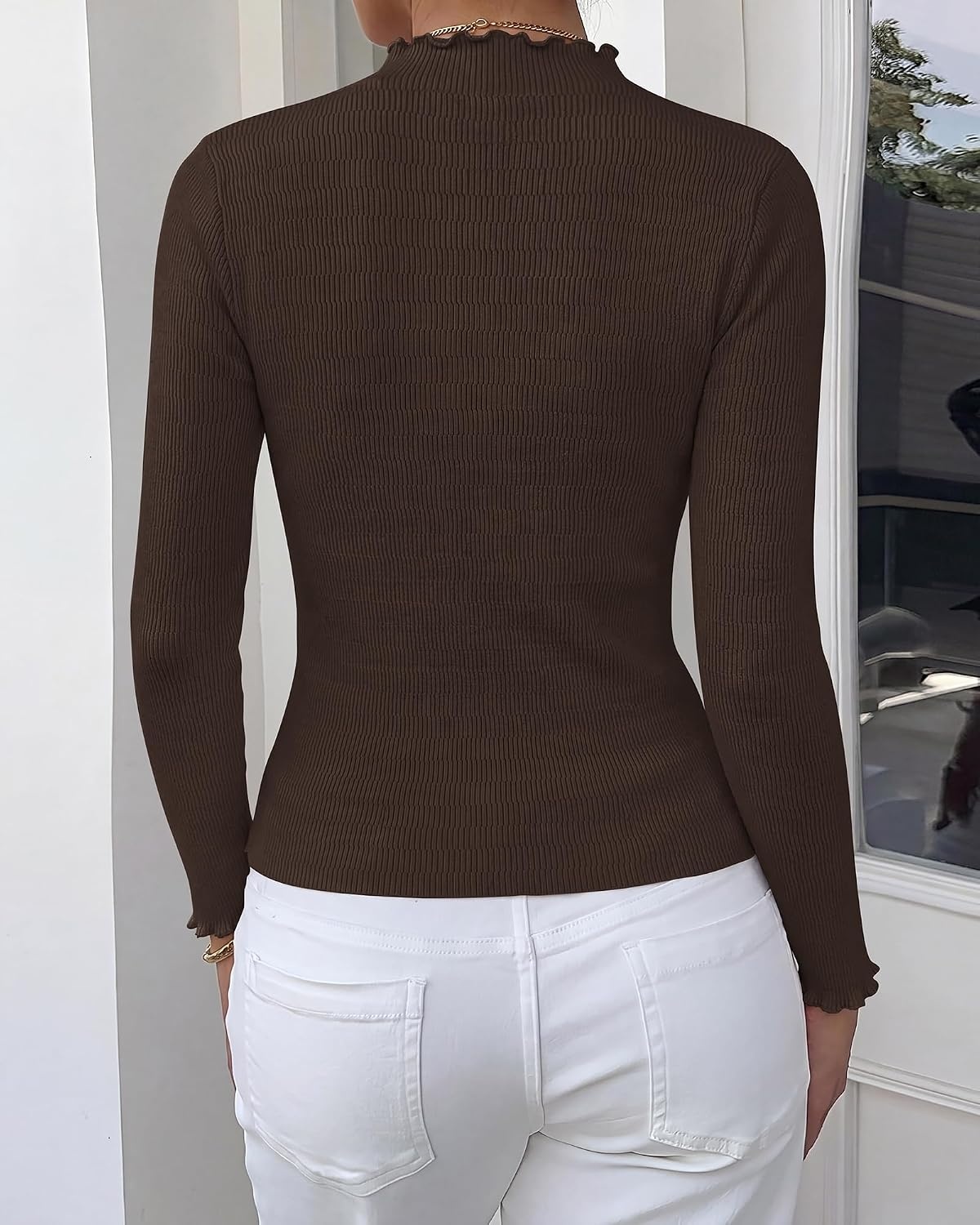 image:imageBTFBM Long Sleeve T Shirts for Women Ruffle Mock Neck Tops Lettuce Trim TopRibbed Knit Dressy BlouseSlim Fitted SweaterThermal Basic TeesBusiness Casual OutfitsFall Layer ClothingBrown