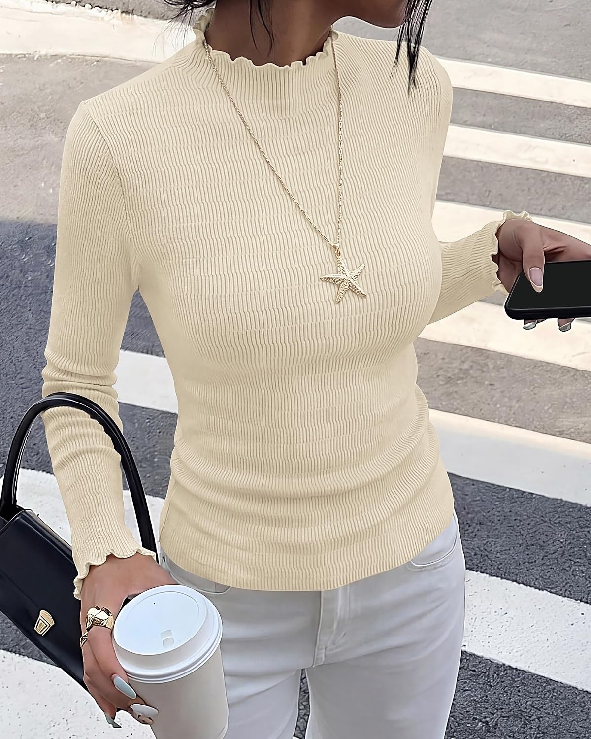 image:imageBTFBM Long Sleeve T Shirts for Women Ruffle Mock Neck Tops Lettuce Trim TopRibbed Knit Dressy BlouseSlim Fitted SweaterThermal Basic TeesBusiness Casual OutfitsFall Layer ClothingBeige