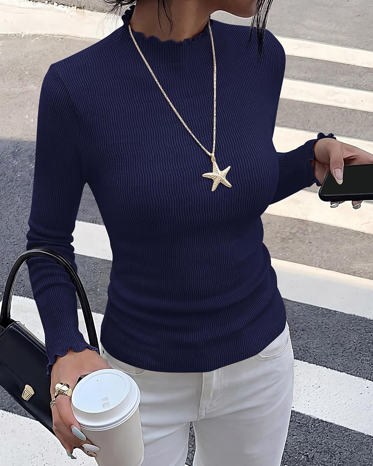 image:imageBTFBM Long Sleeve T Shirts for Women Ruffle Mock Neck Tops Lettuce Trim TopRibbed Knit Dressy BlouseSlim Fitted SweaterThermal Basic TeesBusiness Casual OutfitsFall Layer ClothingNavy Blue