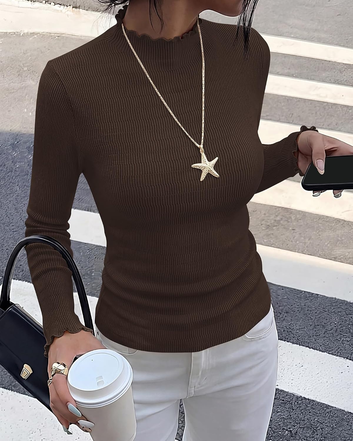 image:imageBTFBM Long Sleeve T Shirts for Women Ruffle Mock Neck Tops Lettuce Trim TopRibbed Knit Dressy BlouseSlim Fitted SweaterThermal Basic TeesBusiness Casual OutfitsFall Layer ClothingBrown