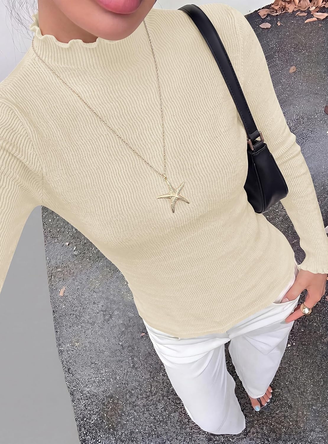 image:imageBTFBM Long Sleeve T Shirts for Women Ruffle Mock Neck Tops Lettuce Trim TopRibbed Knit Dressy BlouseSlim Fitted SweaterThermal Basic TeesBusiness Casual OutfitsFall Layer ClothingBeige