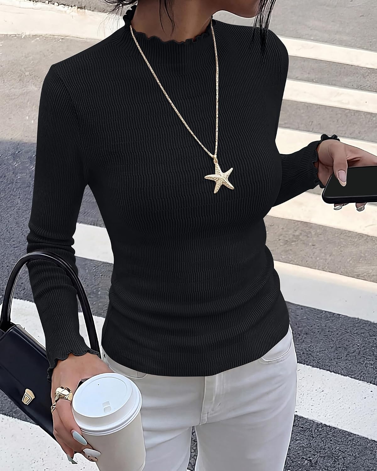 image:imageBTFBM Long Sleeve T Shirts for Women Ruffle Mock Neck Tops Lettuce Trim TopRibbed Knit Dressy BlouseSlim Fitted SweaterThermal Basic TeesBusiness Casual OutfitsFall Layer ClothingBlack