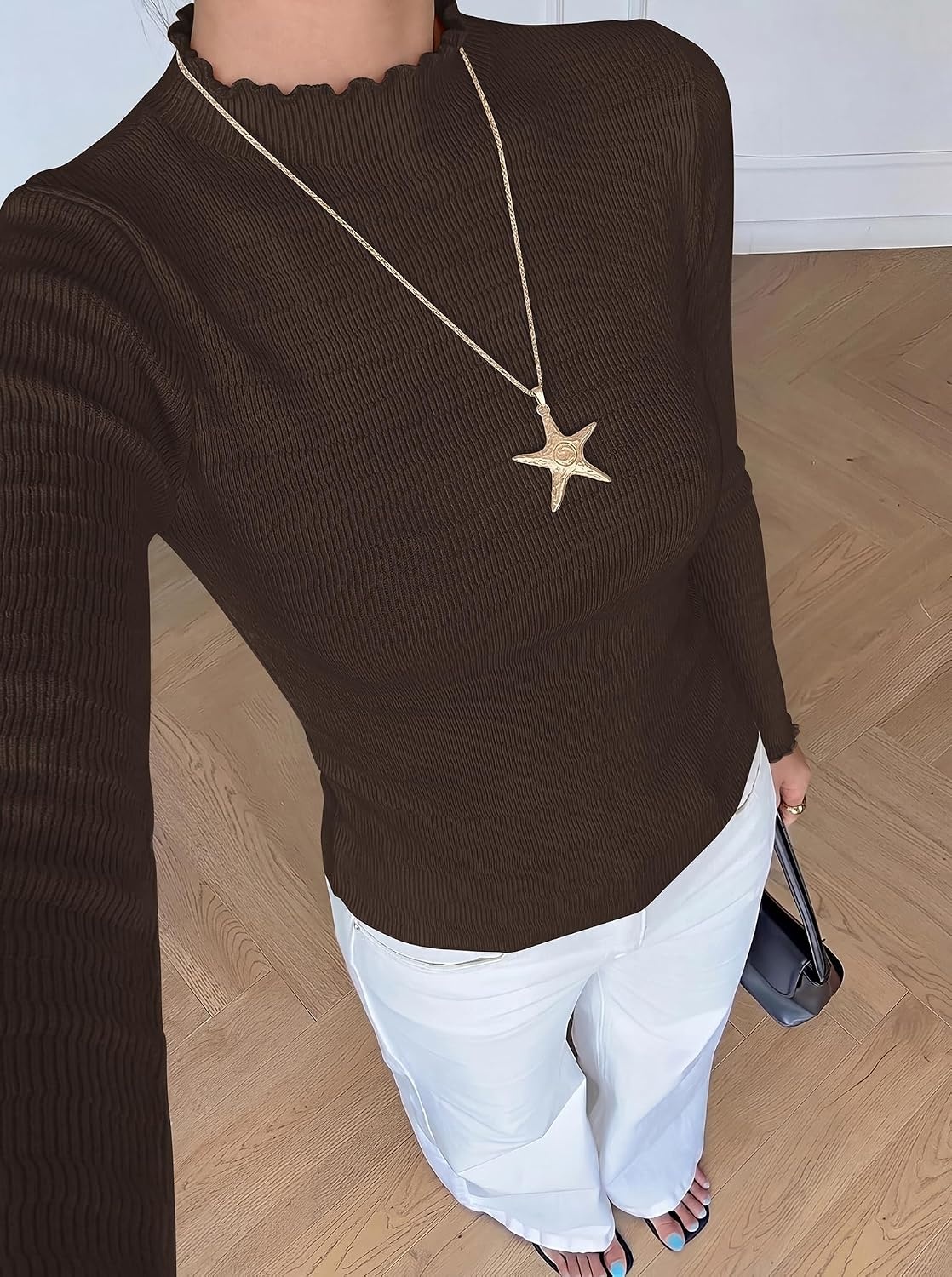 image:imageBTFBM Long Sleeve T Shirts for Women Ruffle Mock Neck Tops Lettuce Trim TopRibbed Knit Dressy BlouseSlim Fitted SweaterThermal Basic TeesBusiness Casual OutfitsFall Layer ClothingBrown