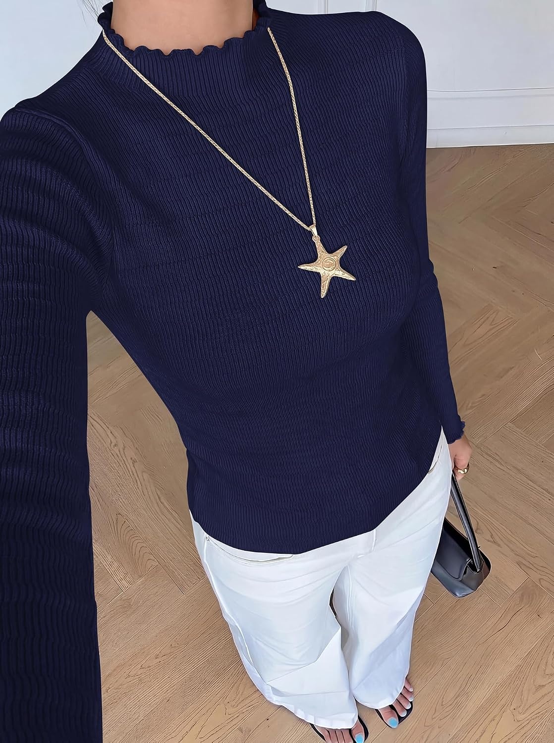 image:imageBTFBM Long Sleeve T Shirts for Women Ruffle Mock Neck Tops Lettuce Trim TopRibbed Knit Dressy BlouseSlim Fitted SweaterThermal Basic TeesBusiness Casual OutfitsFall Layer ClothingNavy Blue