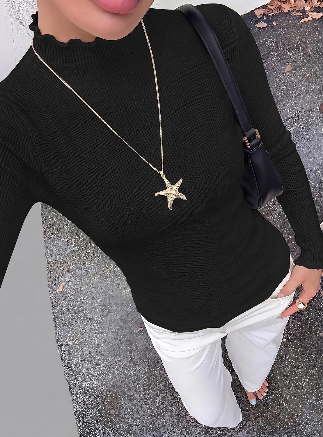 image:imageBTFBM Long Sleeve T Shirts for Women Ruffle Mock Neck Tops Lettuce Trim TopRibbed Knit Dressy BlouseSlim Fitted SweaterThermal Basic TeesBusiness Casual OutfitsFall Layer ClothingBlack
