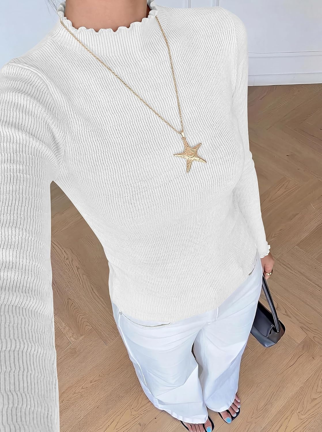 image:imageBTFBM Long Sleeve T Shirts for Women Ruffle Mock Neck Tops Lettuce Trim TopRibbed Knit Dressy BlouseSlim Fitted SweaterThermal Basic TeesBusiness Casual OutfitsFall Layer ClothingWhite