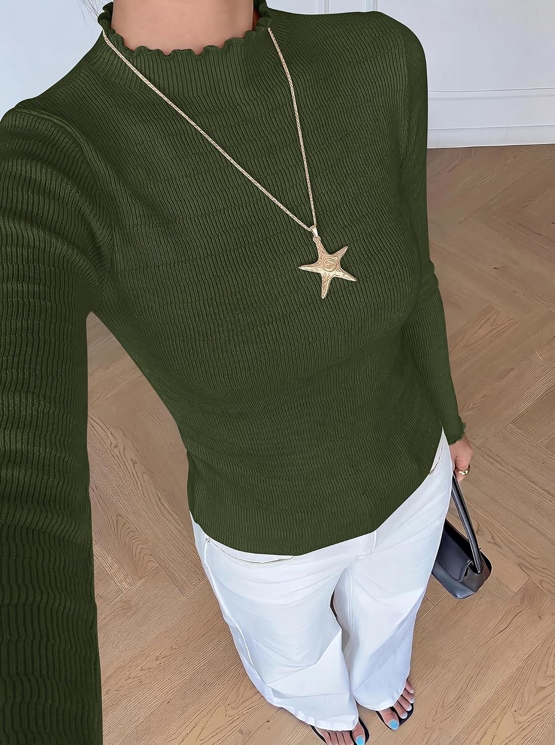 image:imageBTFBM Long Sleeve T Shirts for Women Ruffle Mock Neck Tops Lettuce Trim TopRibbed Knit Dressy BlouseSlim Fitted SweaterThermal Basic TeesBusiness Casual OutfitsFall Layer ClothingArmy Green