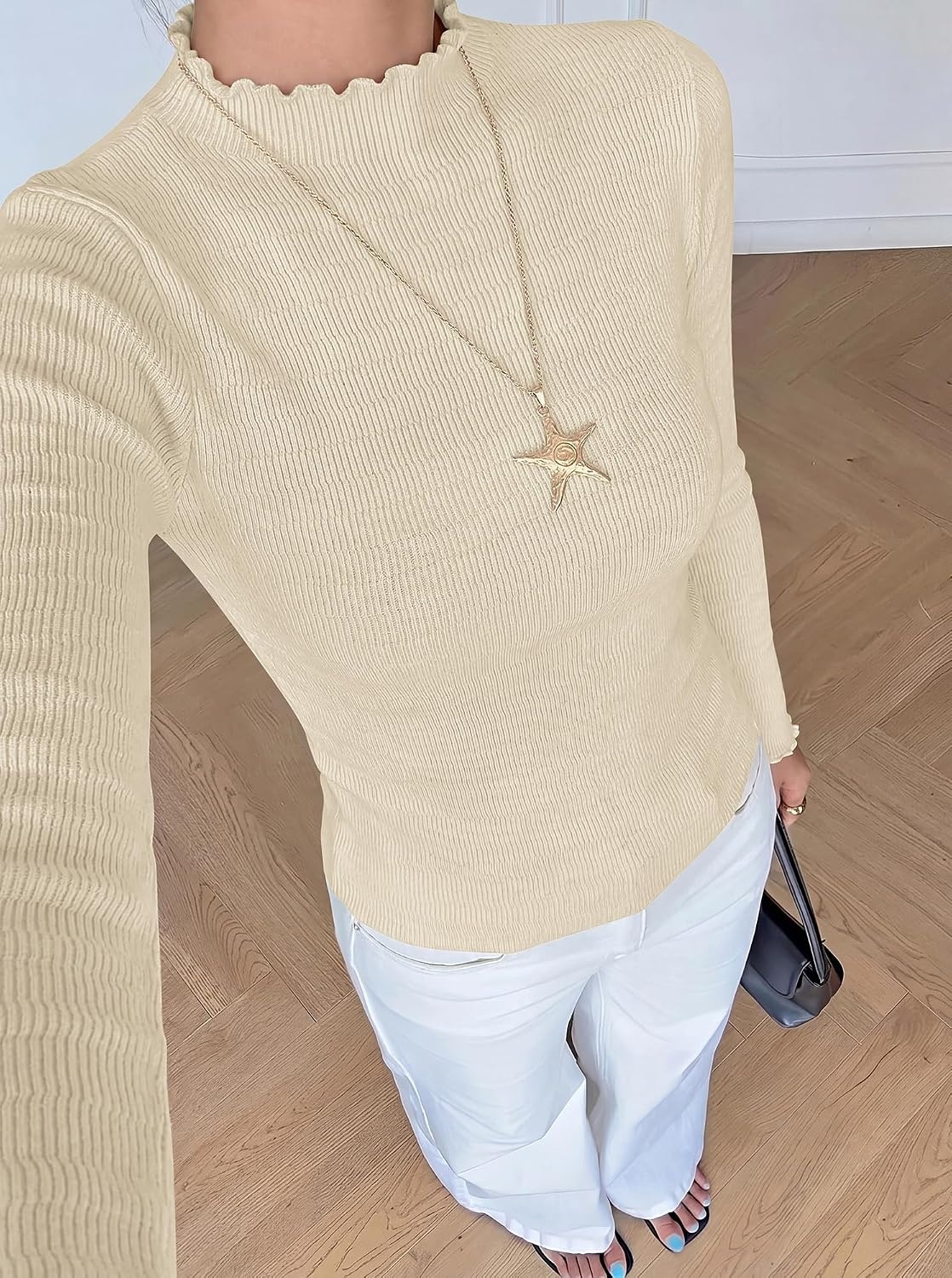 image:imageBTFBM Long Sleeve T Shirts for Women Ruffle Mock Neck Tops Lettuce Trim TopRibbed Knit Dressy BlouseSlim Fitted SweaterThermal Basic TeesBusiness Casual OutfitsFall Layer ClothingBeige