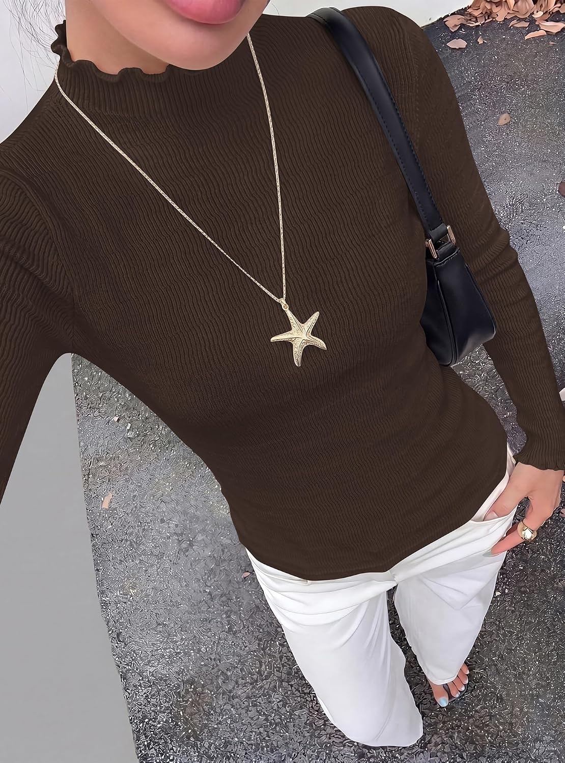 image:imageBTFBM Long Sleeve T Shirts for Women Ruffle Mock Neck Tops Lettuce Trim TopRibbed Knit Dressy BlouseSlim Fitted SweaterThermal Basic TeesBusiness Casual OutfitsFall Layer ClothingBrown