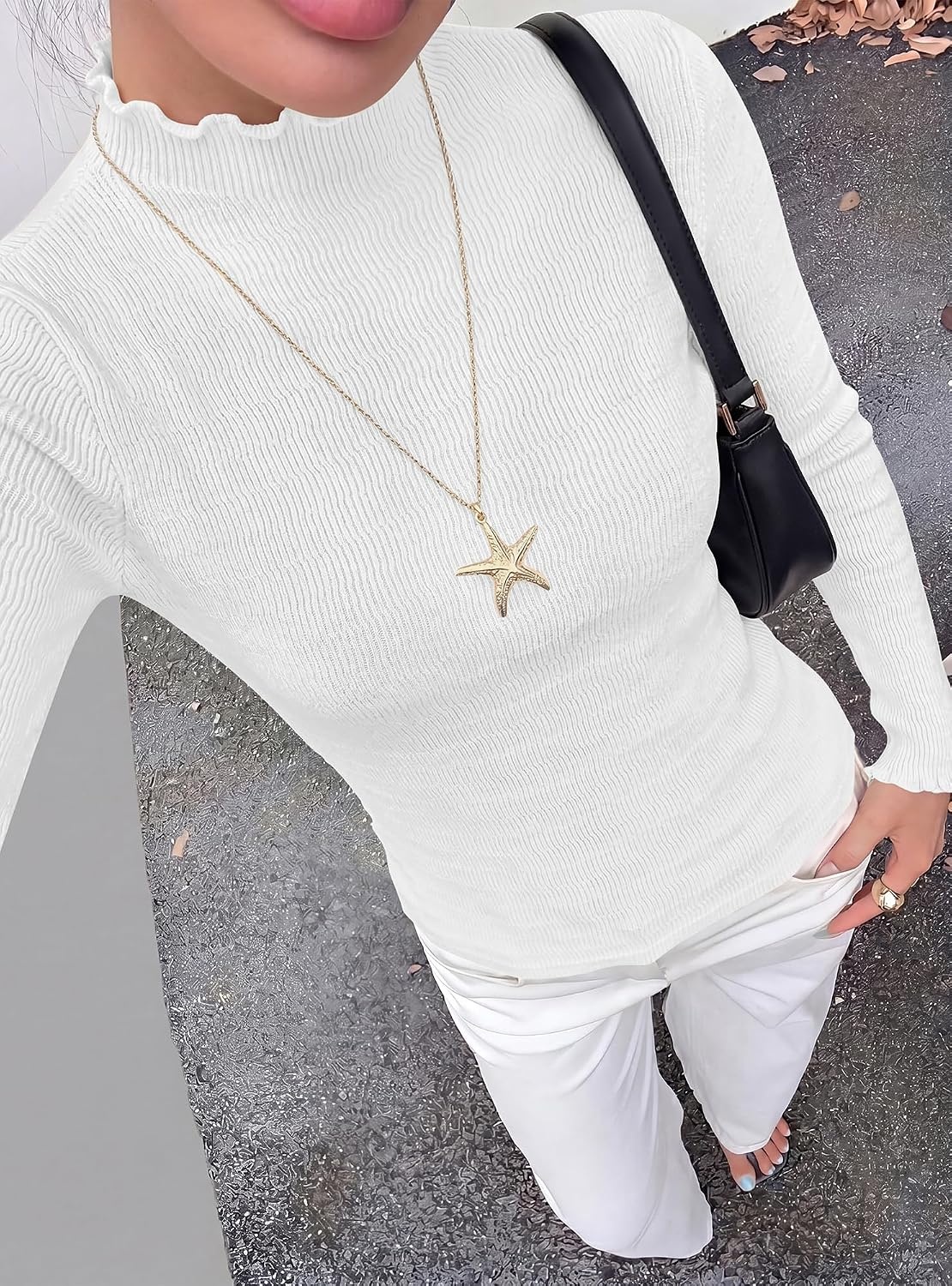 image:imageBTFBM Long Sleeve T Shirts for Women Ruffle Mock Neck Tops Lettuce Trim TopRibbed Knit Dressy BlouseSlim Fitted SweaterThermal Basic TeesBusiness Casual OutfitsFall Layer ClothingWhite
