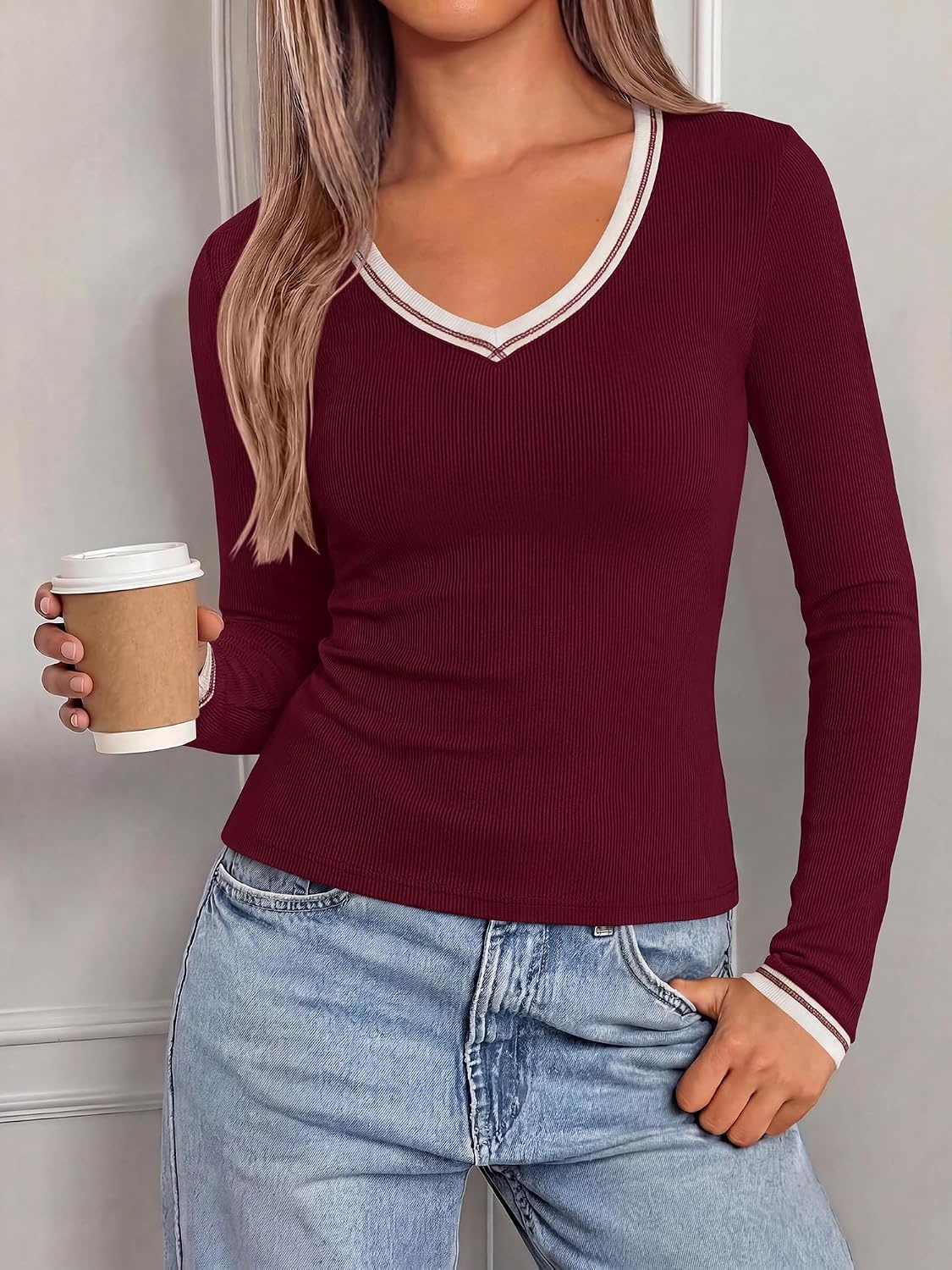 image:imageBTFBM V Neck Fall Long Sleeve Shirts for Women Stretchy Slim Fit Basic Tees Color Block Going Out Tops Y2K Workout Vacation Outfits Underscrubs Winter Layering 2026Burgundy