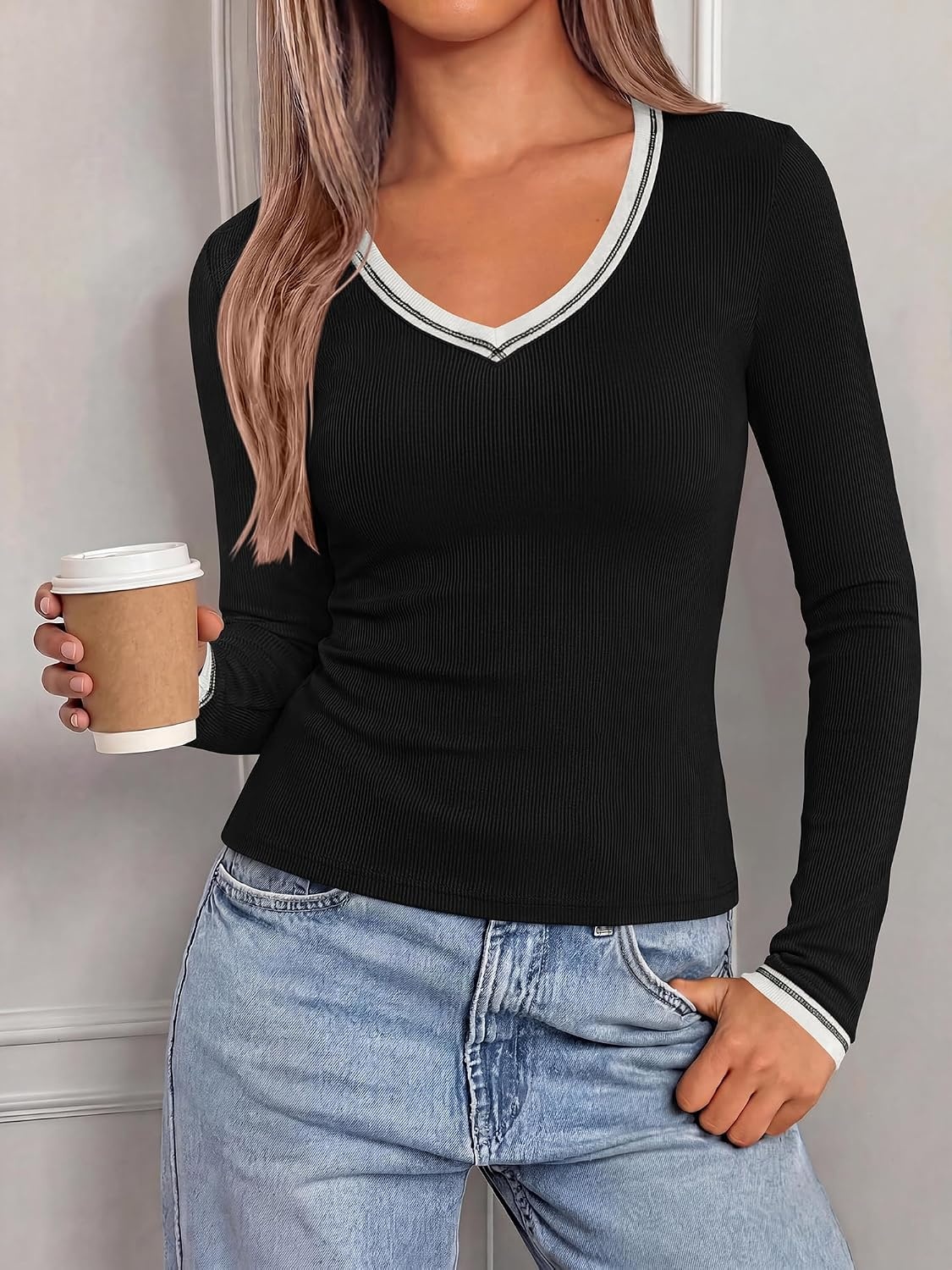 image:imageBTFBM V Neck Fall Long Sleeve Shirts for Women Stretchy Slim Fit Basic Tees Color Block Going Out Tops Y2K Workout Vacation Outfits Underscrubs Winter Layering 2026Black