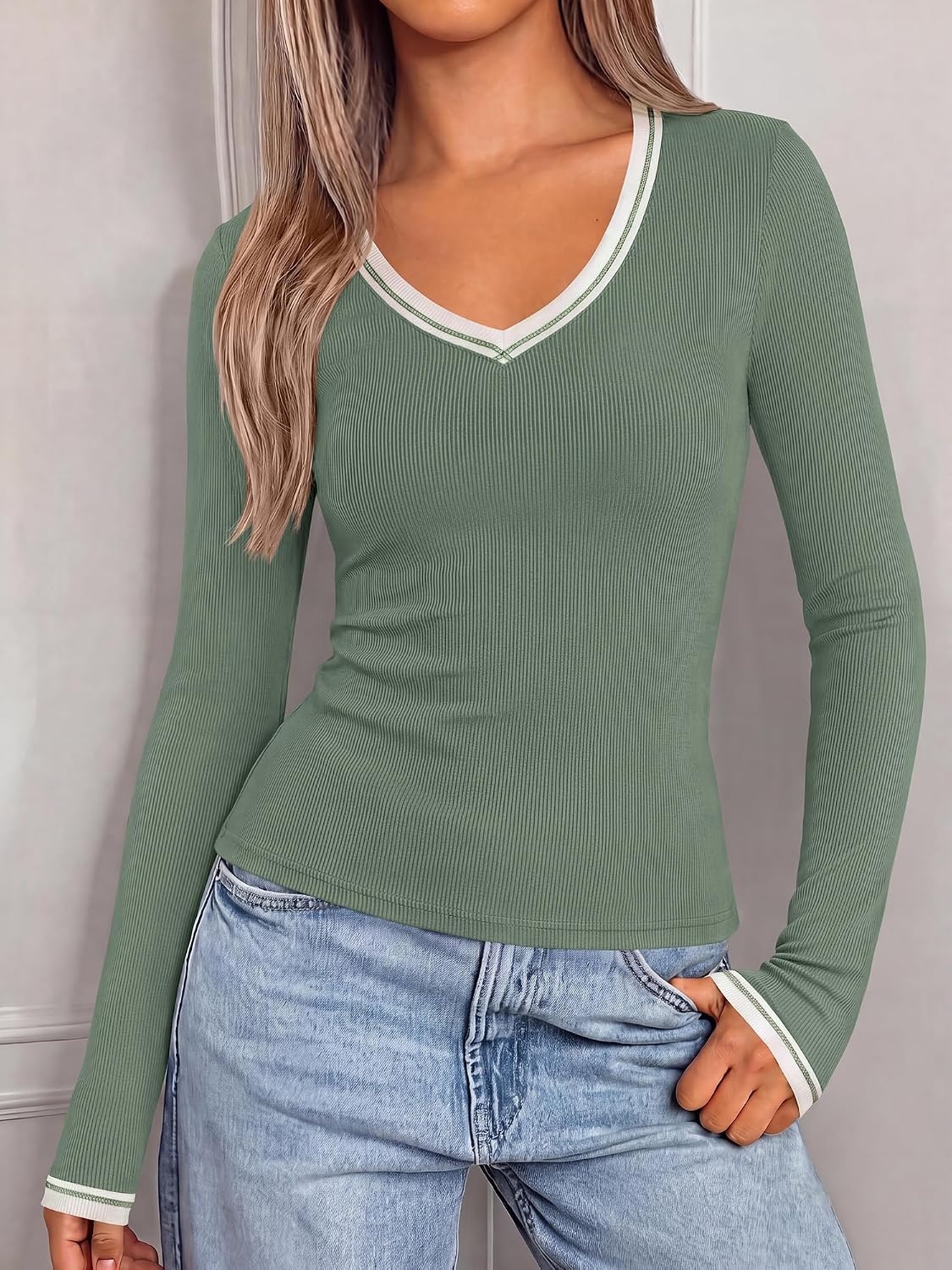 image:imageBTFBM V Neck Fall Long Sleeve Shirts for Women Stretchy Slim Fit Basic Tees Color Block Going Out Tops Y2K Workout Vacation Outfits Underscrubs Winter Layering 2026Sage Green