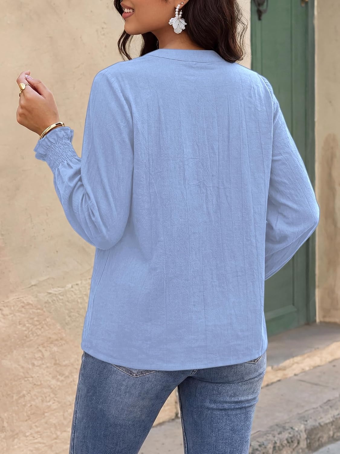 image:imageBTFBM Womens 2026 Fall Tops Dressy Casual Floral Boho Embroidered Blouse V Neck Puff Long Sleeve Button Down ShirtsCute Holiday OutfitsBusiness Casual Blouses Work ClothesFall Fashion ClothingLight Blue