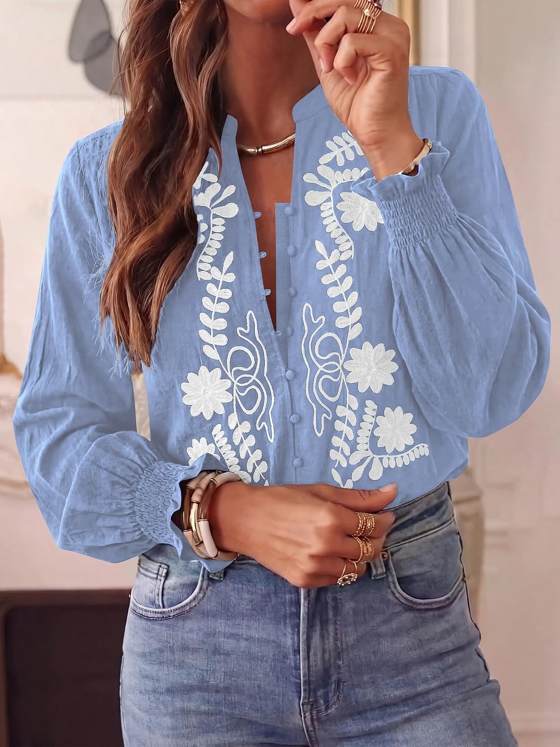image:imageBTFBM Womens 2026 Fall Tops Dressy Casual Floral Boho Embroidered Blouse V Neck Puff Long Sleeve Button Down ShirtsCute Holiday OutfitsBusiness Casual Blouses Work ClothesFall Fashion ClothingLight Blue