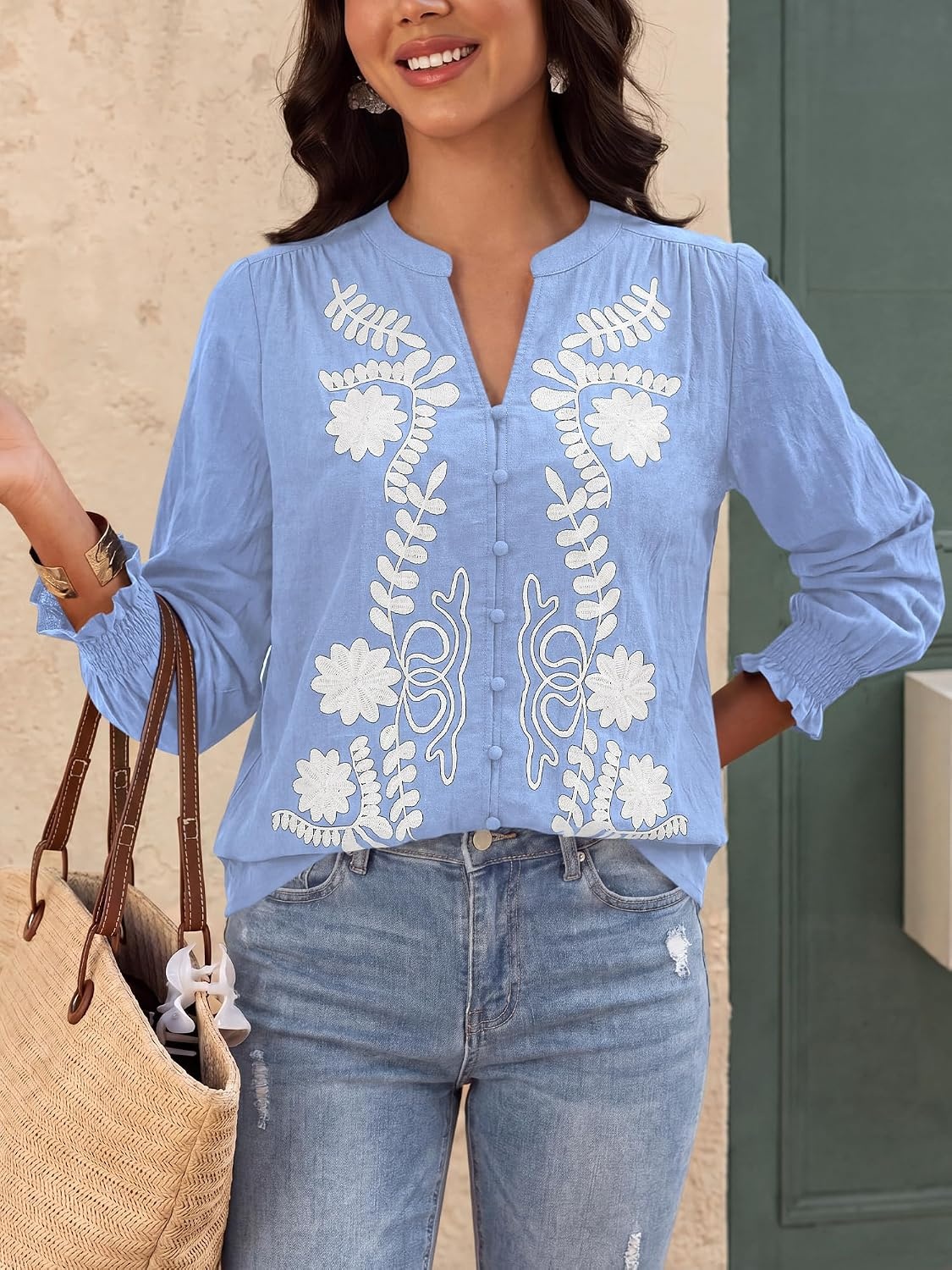 image:imageBTFBM Womens 2026 Fall Tops Dressy Casual Floral Boho Embroidered Blouse V Neck Puff Long Sleeve Button Down ShirtsCute Holiday OutfitsBusiness Casual Blouses Work ClothesFall Fashion ClothingLight Blue