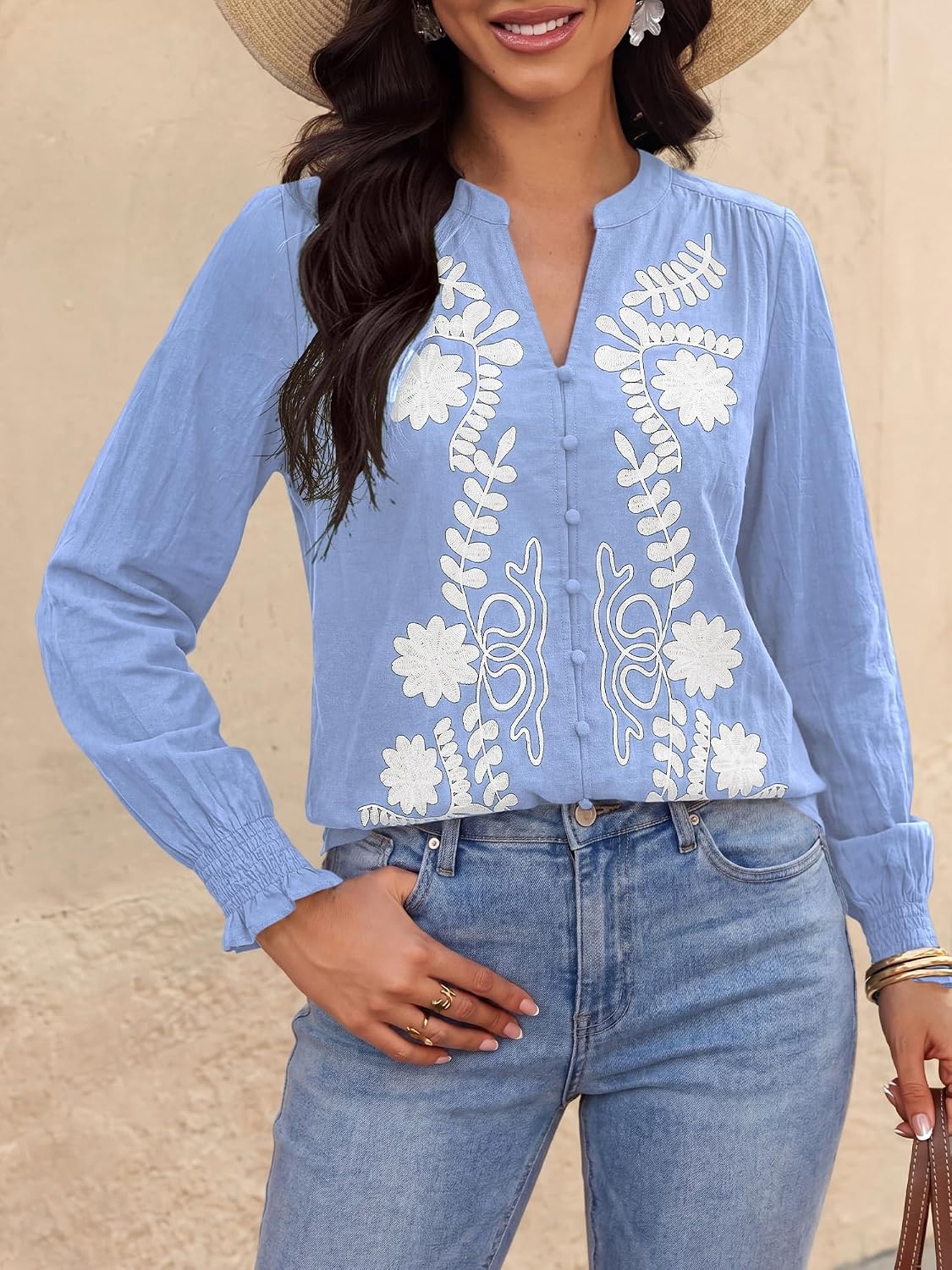 image:imageBTFBM Womens 2026 Fall Tops Dressy Casual Floral Boho Embroidered Blouse V Neck Puff Long Sleeve Button Down ShirtsCute Holiday OutfitsBusiness Casual Blouses Work ClothesFall Fashion ClothingLight Blue