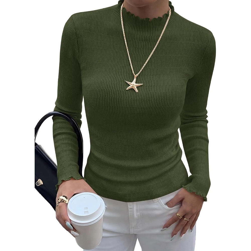 image:imageBTFBM Long Sleeve T Shirts for Women Ruffle Mock Neck Tops  Lettuce Trim TopRibbed Knit Dressy BlouseSlim Fitted SweaterThermal Basic TeesBusiness Casual OutfitsFall Layer ClothingArmy Green