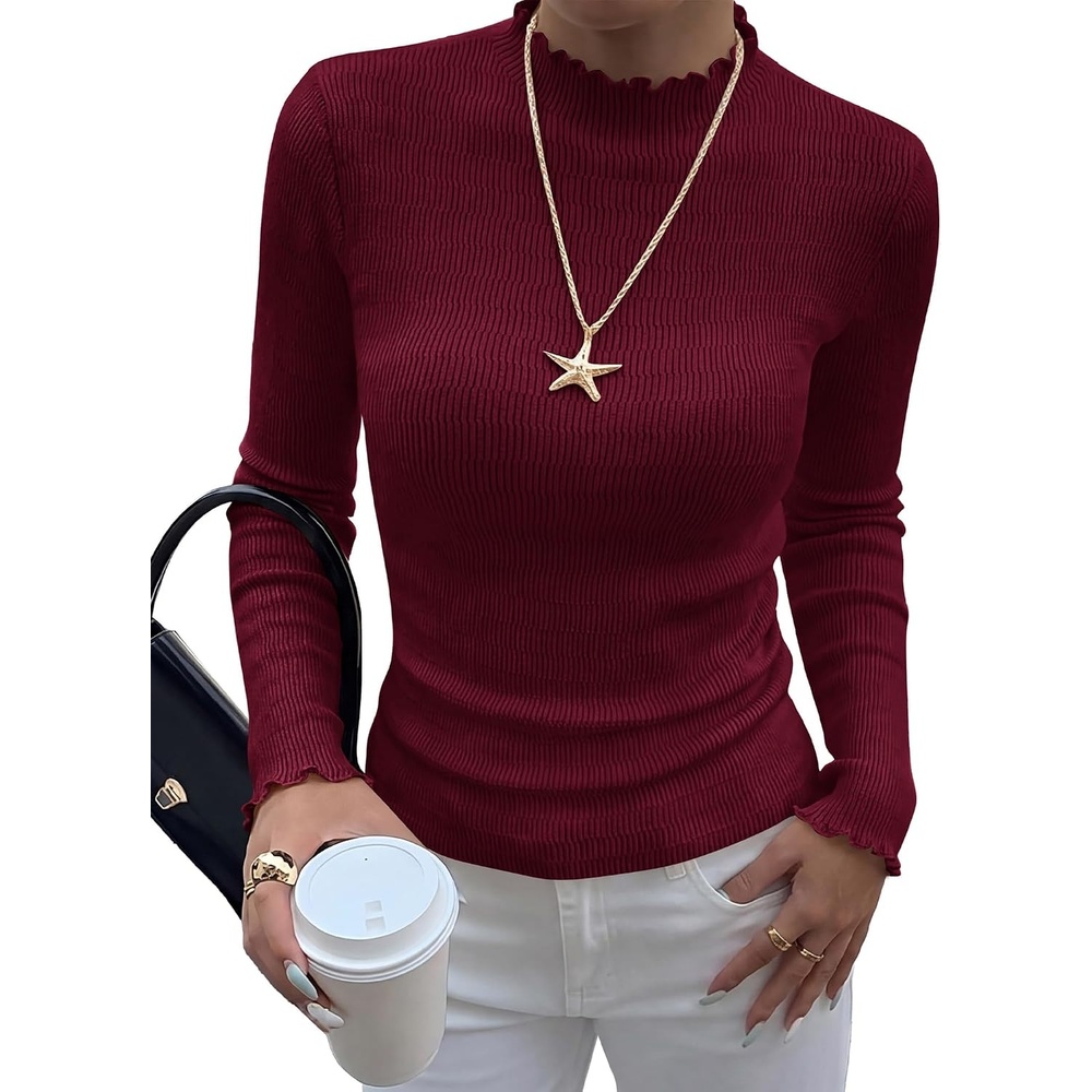 image:imageBTFBM Long Sleeve T Shirts for Women Ruffle Mock Neck Tops Lettuce Trim TopRibbed Knit Dressy BlouseSlim Fitted SweaterThermal Basic TeesBusiness Casual OutfitsFall Layer ClothingBurgundy