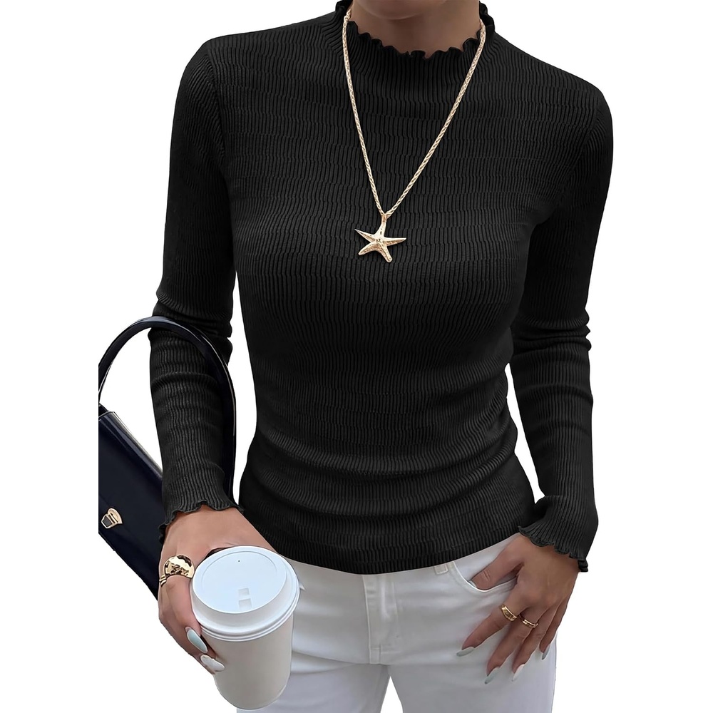 image:imageBTFBM Long Sleeve T Shirts for Women Ruffle Mock Neck Tops Lettuce Trim TopRibbed Knit Dressy BlouseSlim Fitted SweaterThermal Basic TeesBusiness Casual OutfitsFall Layer ClothingBlack