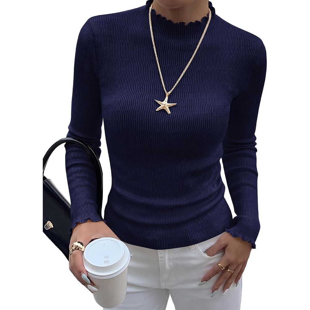 image:imageBTFBM Long Sleeve T Shirts for Women Ruffle Mock Neck Tops Lettuce Trim TopRibbed Knit Dressy BlouseSlim Fitted SweaterThermal Basic TeesBusiness Casual OutfitsFall Layer ClothingNavy Blue