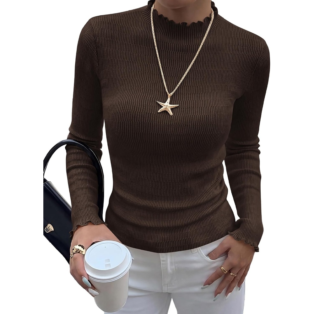 image:imageBTFBM Long Sleeve T Shirts for Women Ruffle Mock Neck Tops  Lettuce Trim TopRibbed Knit Dressy BlouseSlim Fitted SweaterThermal Basic TeesBusiness Casual OutfitsFall Layer ClothingBrown