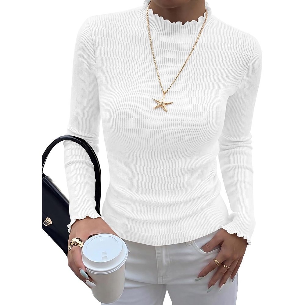 image:imageBTFBM Long Sleeve T Shirts for Women Ruffle Mock Neck Tops Lettuce Trim TopRibbed Knit Dressy BlouseSlim Fitted SweaterThermal Basic TeesBusiness Casual OutfitsFall Layer ClothingWhite