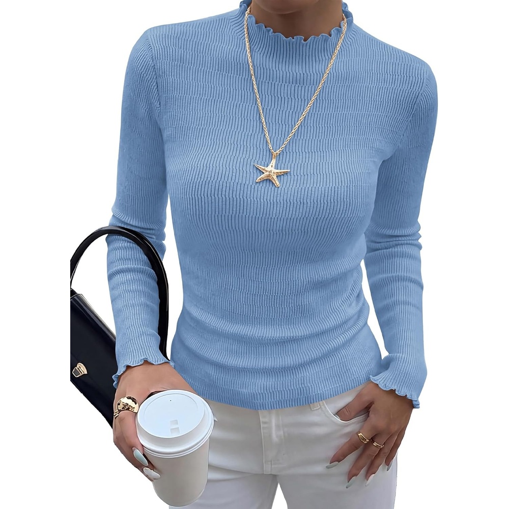 image:imageBTFBM Long Sleeve T Shirts for Women Ruffle Mock Neck Tops Lettuce Trim TopRibbed Knit Dressy BlouseSlim Fitted SweaterThermal Basic TeesBusiness Casual OutfitsFall Layer ClothingLight Blue
