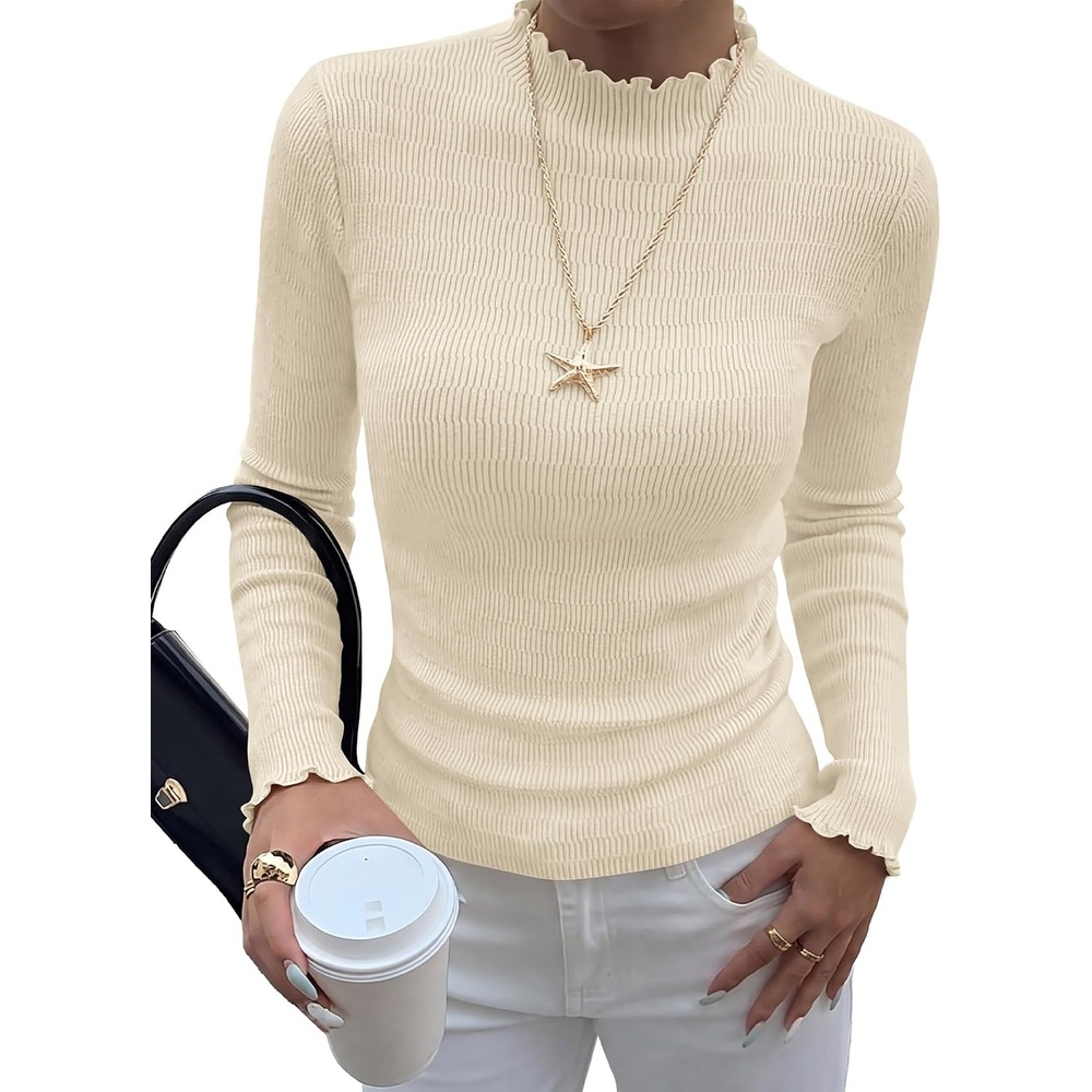 image:imageBTFBM Long Sleeve T Shirts for Women Ruffle Mock Neck Tops Lettuce Trim TopRibbed Knit Dressy BlouseSlim Fitted SweaterThermal Basic TeesBusiness Casual OutfitsFall Layer ClothingBeige