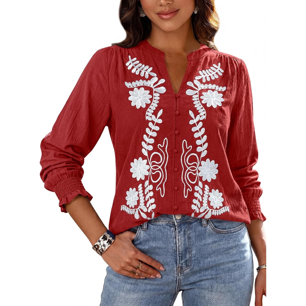 image:imageBTFBM Womens 2026 Fall Tops Dressy Casual Floral Boho Embroidered Blouse  V Neck Puff Long Sleeve Button Down ShirtsCute Holiday OutfitsBusiness Casual Blouses Work ClothesFall Fashion ClothingRed