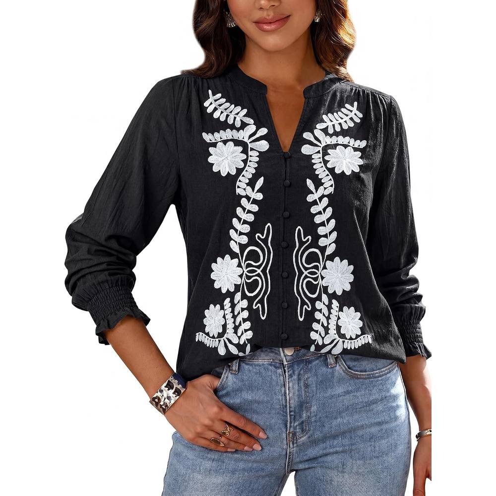 image:imageBTFBM Womens 2026 Fall Tops Dressy Casual Floral Boho Embroidered Blouse  V Neck Puff Long Sleeve Button Down ShirtsCute Holiday OutfitsBusiness Casual Blouses Work ClothesFall Fashion ClothingBlack