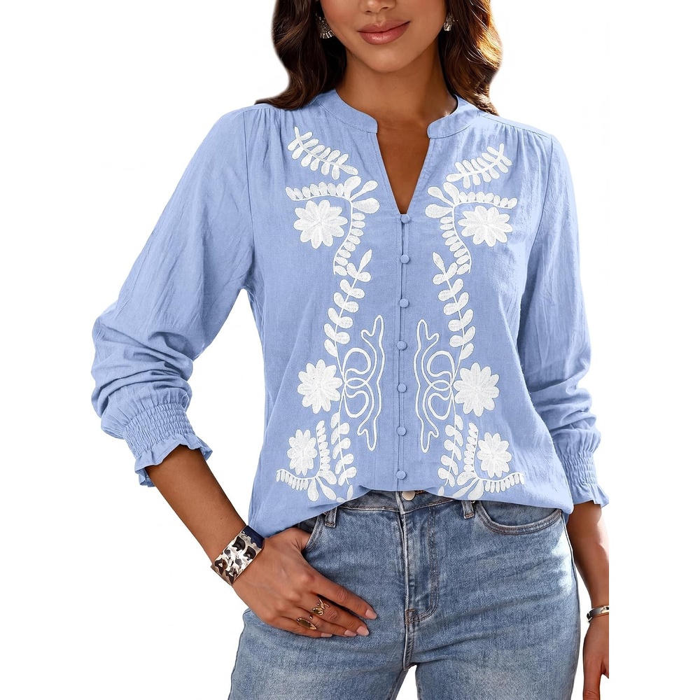 image:imageBTFBM Womens 2026 Fall Tops Dressy Casual Floral Boho Embroidered Blouse  V Neck Puff Long Sleeve Button Down ShirtsCute Holiday OutfitsBusiness Casual Blouses Work ClothesFall Fashion ClothingLight Blue