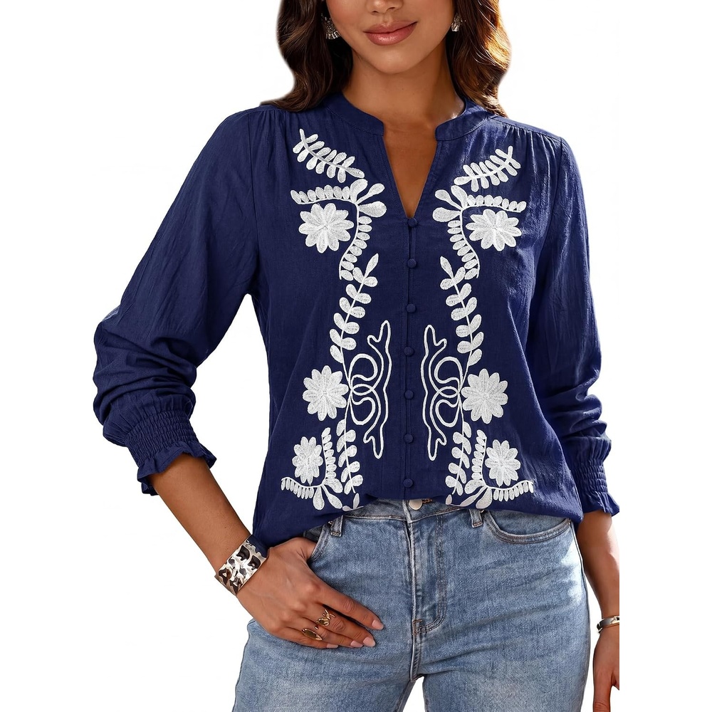 image:imageBTFBM Womens 2026 Fall Tops Dressy Casual Floral Boho Embroidered Blouse  V Neck Puff Long Sleeve Button Down ShirtsCute Holiday OutfitsBusiness Casual Blouses Work ClothesFall Fashion ClothingNavy Blue