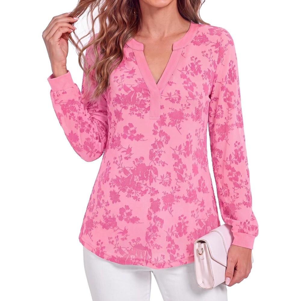 image:imageBTFBM Womens Tops Floral Sheer Mesh Long Sleeve Blouses Dressy Casual  V Neck Flocked Mesh ShirtsVelvetLike FlowersDouble LayeredLoose Fit TunicsBusiness Casual TopFall Fashion Clothing 2026Pink