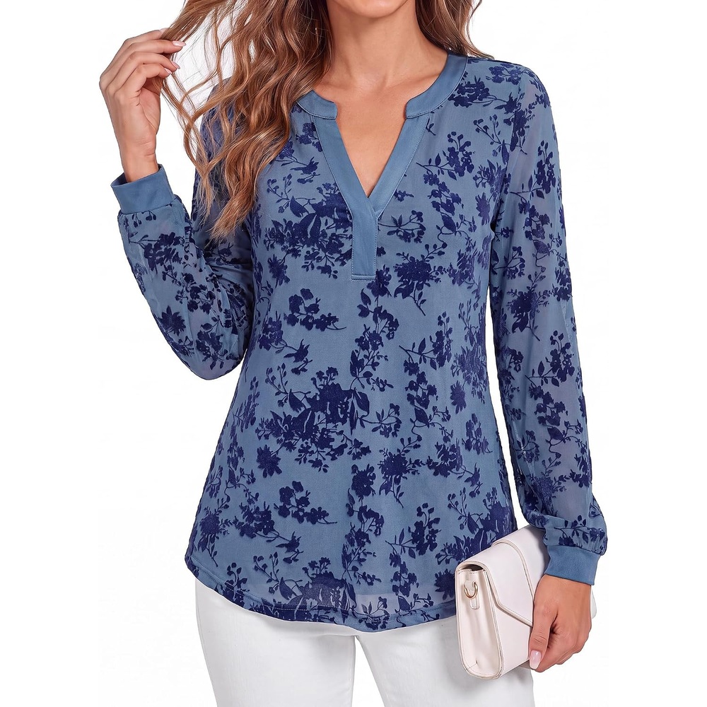 image:imageBTFBM Womens Tops Floral Sheer Mesh Long Sleeve Blouses Dressy Casual  V Neck Flocked Mesh ShirtsVelvetLike FlowersDouble LayeredLoose Fit TunicsBusiness Casual TopFall Fashion Clothing 2026Grey Blue