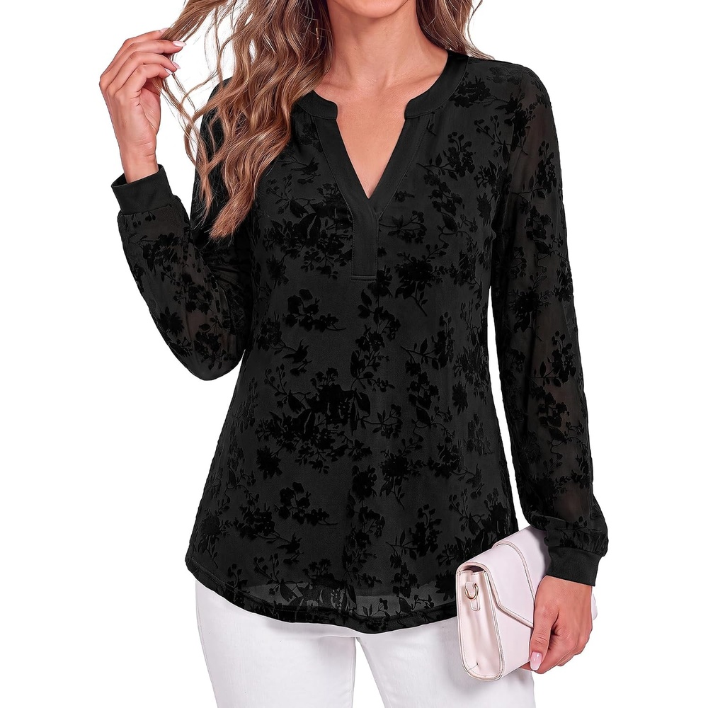 image:imageBTFBM Womens Tops Floral Sheer Mesh Long Sleeve Blouses Dressy Casual  V Neck Flocked Mesh ShirtsVelvetLike FlowersDouble LayeredLoose Fit TunicsBusiness Casual TopFall Fashion Clothing 2026Black