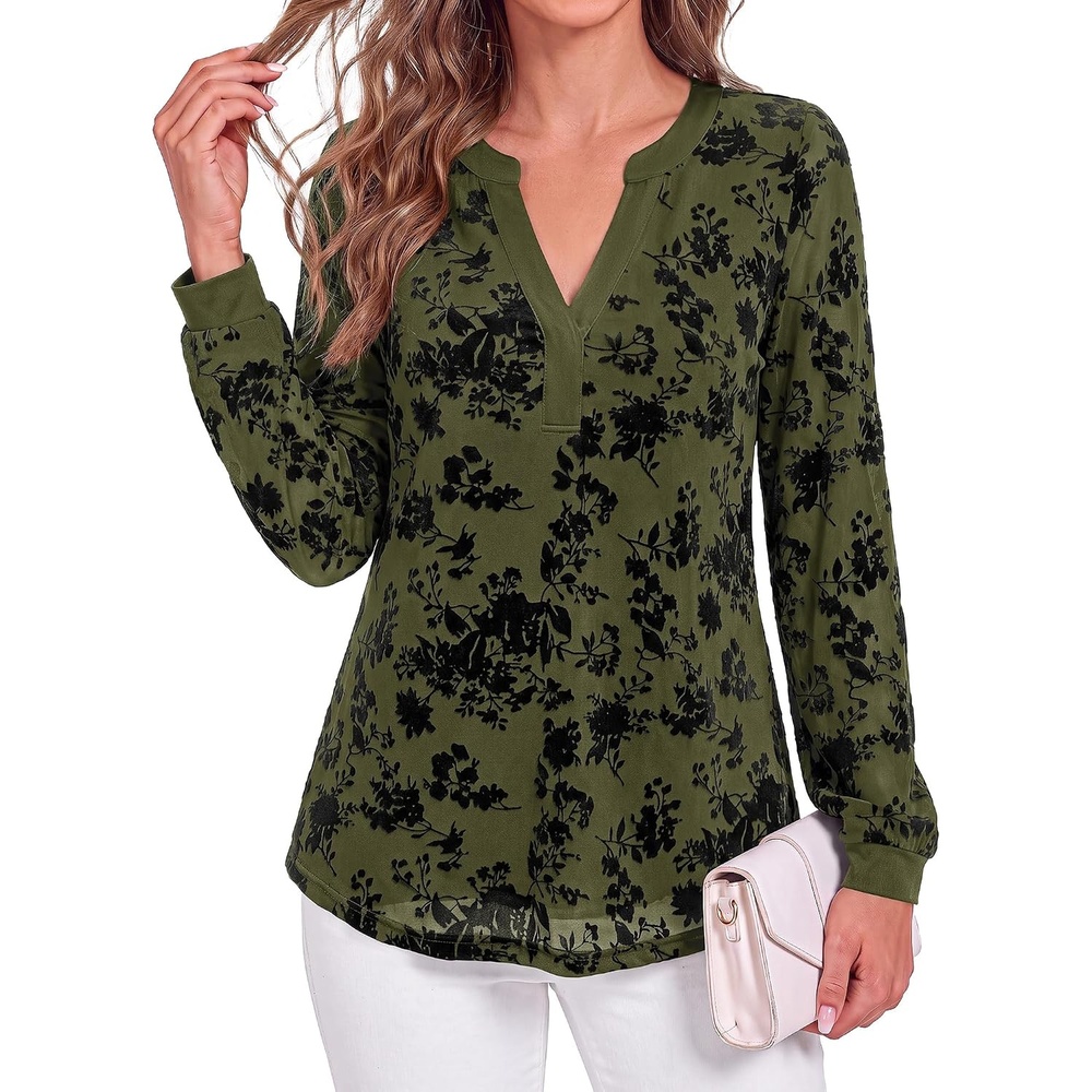 image:imageBTFBM Womens Tops Floral Sheer Mesh Long Sleeve Blouses Dressy Casual  V Neck Flocked Mesh ShirtsVelvetLike FlowersDouble LayeredLoose Fit TunicsBusiness Casual TopFall Fashion Clothing 2026Army Green