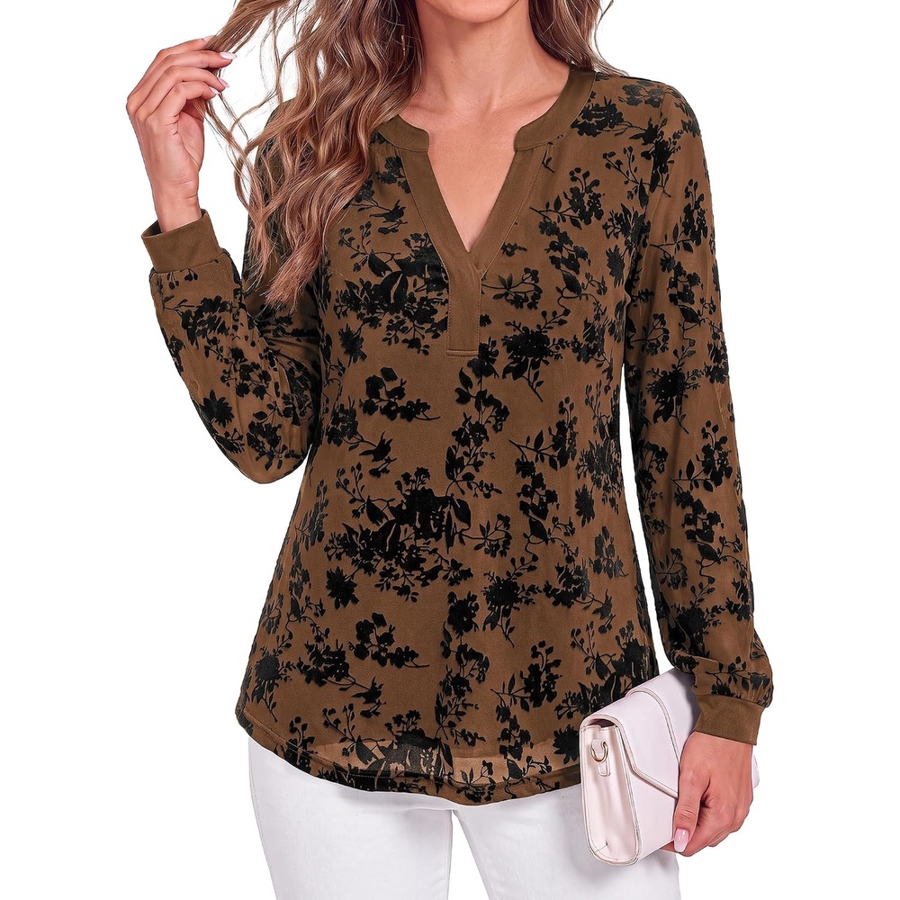image:imageBTFBM Womens Tops Floral Sheer Mesh Long Sleeve Blouses Dressy Casual  V Neck Flocked Mesh ShirtsVelvetLike FlowersDouble LayeredLoose Fit TunicsBusiness Casual TopFall Fashion Clothing 2026Brown