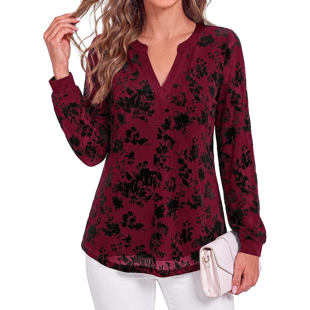 image:imageBTFBM Womens Tops Floral Sheer Mesh Long Sleeve Blouses Dressy Casual  V Neck Flocked Mesh ShirtsVelvetLike FlowersDouble LayeredLoose Fit TunicsBusiness Casual TopFall Fashion Clothing 2026Burgundy