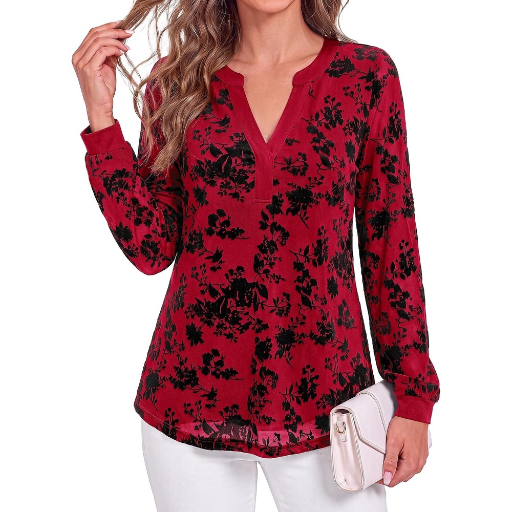 image:imageBTFBM Womens Tops Floral Sheer Mesh Long Sleeve Blouses Dressy Casual  V Neck Flocked Mesh ShirtsVelvetLike FlowersDouble LayeredLoose Fit TunicsBusiness Casual TopFall Fashion Clothing 2026Red