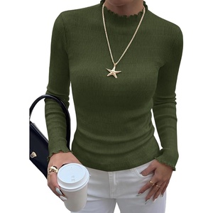 BTFBM Long Sleeve T Shirts for Women Ruffle Mock Neck Tops | Lettuce Trim Top,Ribbed Knit Dressy Blouse,Slim Fitted Sweater,Thermal Basic Tees,Business Casual Outfits,Fall Layer Clothing(Army Green)