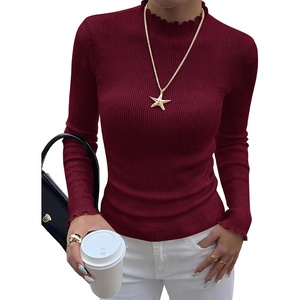 BTFBM Long Sleeve T Shirts for Women Ruffle Mock Neck Tops | Lettuce Trim Top,Ribbed Knit Dressy Blouse,Slim Fitted Sweater,Thermal Basic Tees,Business Casual Outfits,Fall Layer Clothing(Burgundy)