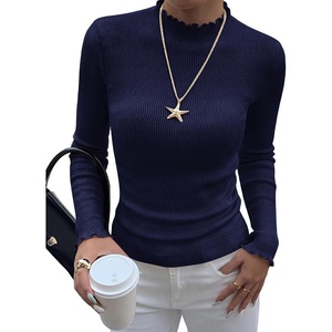 BTFBM Long Sleeve T Shirts for Women Ruffle Mock Neck Tops | Lettuce Trim Top,Ribbed Knit Dressy Blouse,Slim Fitted Sweater,Thermal Basic Tees,Business Casual Outfits,Fall Layer Clothing(Navy Blue)