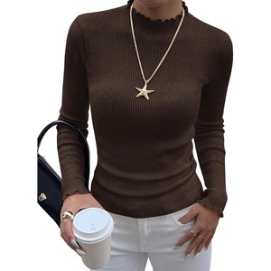 BTFBM Long Sleeve T Shirts for Women Ruffle Mock Neck Tops | Lettuce Trim Top,Ribbed Knit Dressy Blouse,Slim Fitted Sweater,Thermal Basic Tees,Business Casual Outfits,Fall Layer Clothing(Brown)