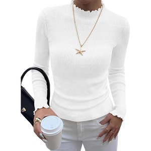 BTFBM Long Sleeve T Shirts for Women Ruffle Mock Neck Tops | Lettuce Trim Top,Ribbed Knit Dressy Blouse,Slim Fitted Sweater,Thermal Basic Tees,Business Casual Outfits,Fall Layer Clothing(White)