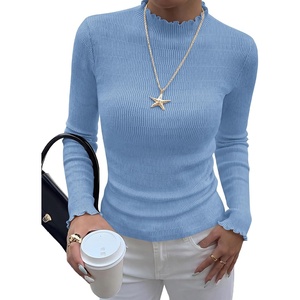 BTFBM Long Sleeve T Shirts for Women Ruffle Mock Neck Tops | Lettuce Trim Top,Ribbed Knit Dressy Blouse,Slim Fitted Sweater,Thermal Basic Tees,Business Casual Outfits,Fall Layer Clothing(Light Blue)