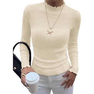 BTFBM Long Sleeve T Shirts for Women Ruffle Mock Neck Tops | Lettuce Trim Top,Ribbed Knit Dressy Blouse,Slim Fitted Sweater,Thermal Basic Tees,Business Casual Outfits,Fall Layer Clothing(Beige)