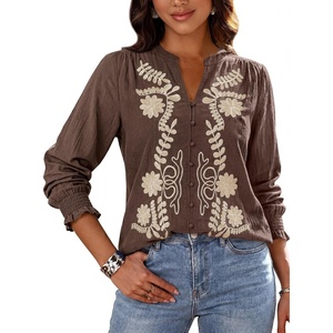 BTFBM Women’s 2026 Fall Tops Dressy Casual Floral Boho Embroidered Blouse | V Neck Puff Long Sleeve Button Down Shirts,Cute Holiday Outfits,Business Casual Blouses Work Clothes,Fall Fashion Clothing(Brown Beige)
